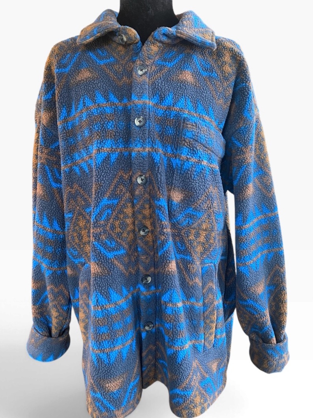 Edgar + Ash Men’s Large Aztec Fleece Jacket Blue Brown Geometric Button Up L